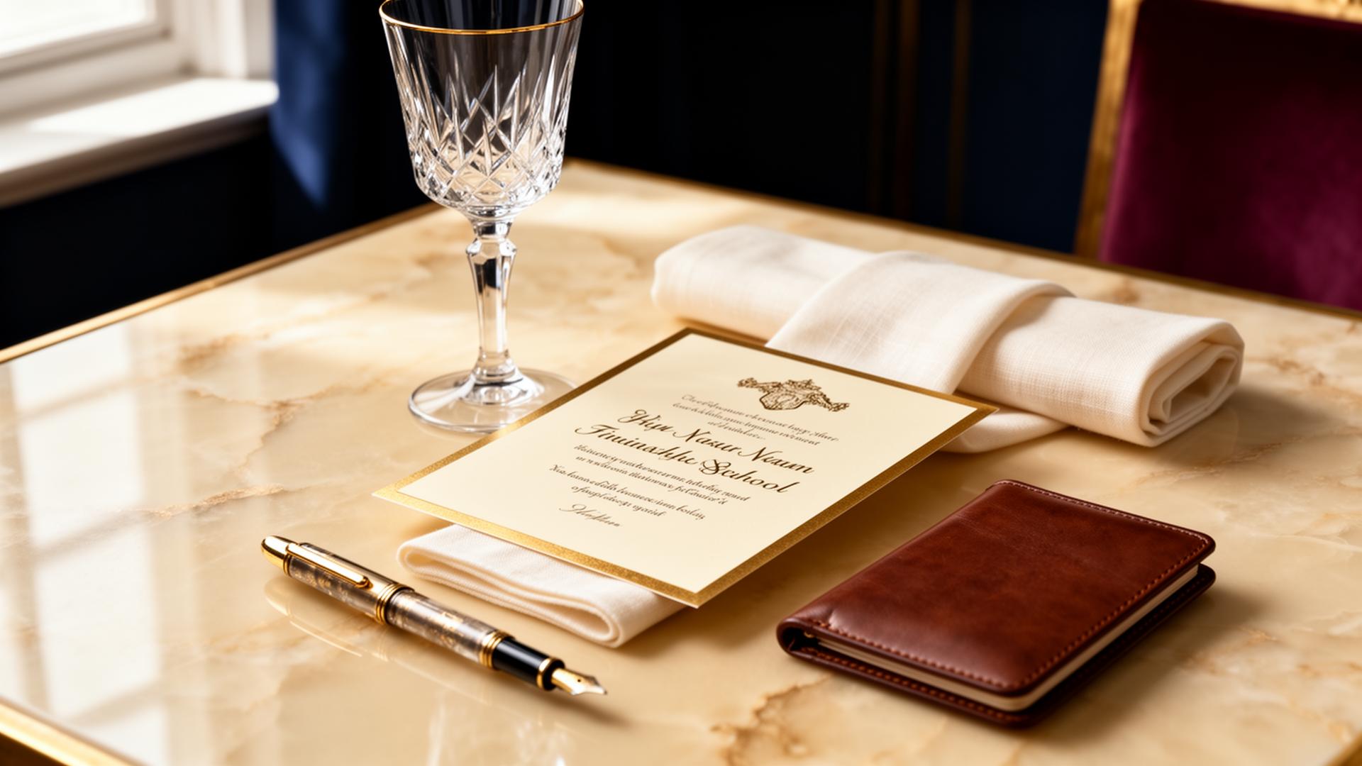 An elegant editorial scene with a formal place setting and wine glass
